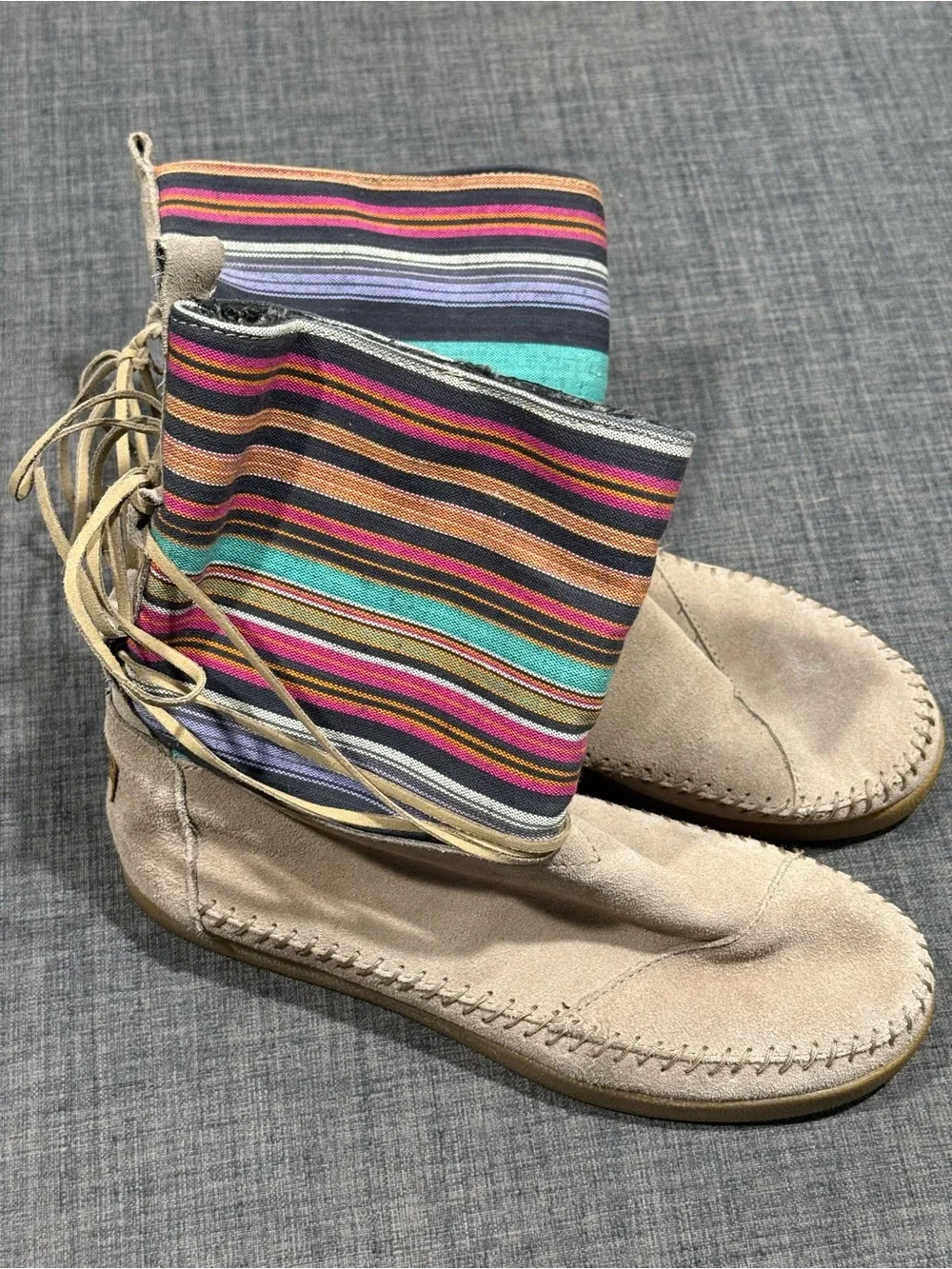 Toms Beige Suede Ankle Boots with Multicolor Striped Shaft